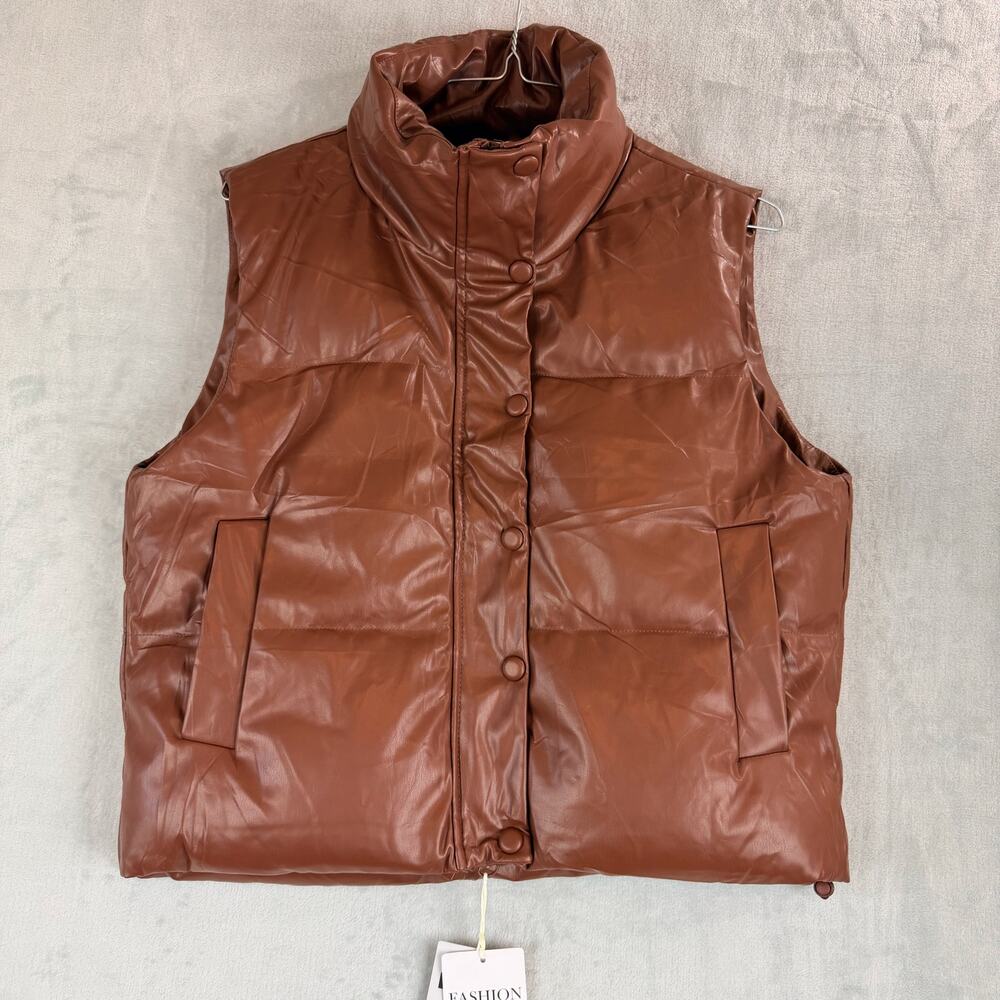 Fashion Womens L Puffy Brown Vest Snap Buttons Full Zip New with Tag